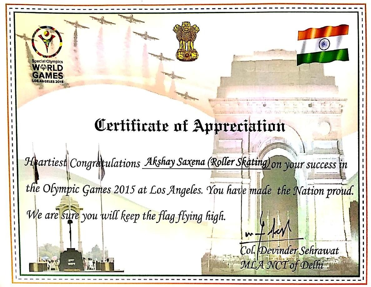 Special Olympics 2015 LA Certificate